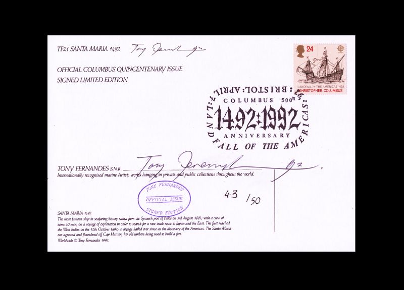 First Day Cover Santa Maria 1492 by Tony Fernandes